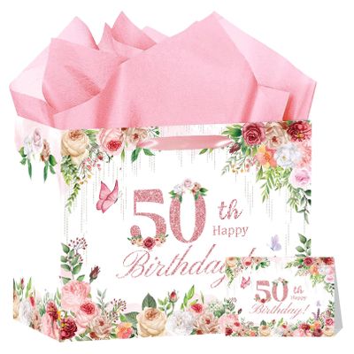 HSKMAKE Pink 50th Birthday Gift Bag, Large Happy 50th Birthday Gift Bag with Tissue Paper and Card for Women, 50 Year Old Bday Party Decorations Supplies