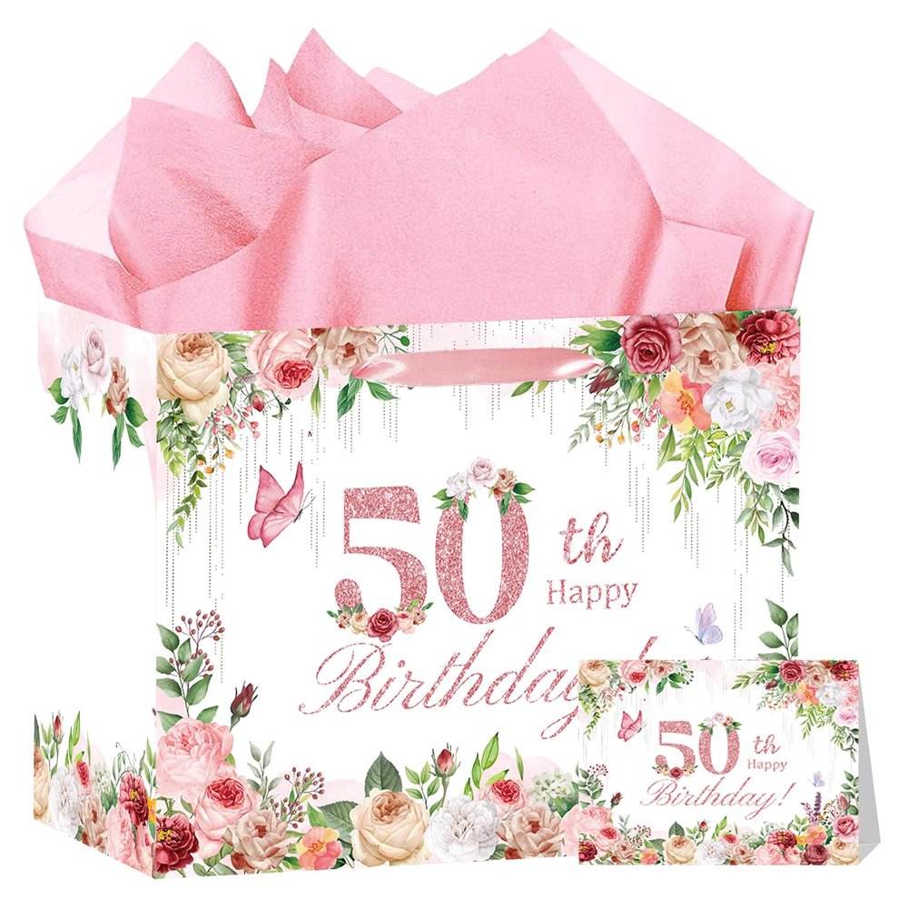 HSKMAKE Pink 50th Birthday Gift Bag, Large Happy 50th Birthday Gift Bag with Tissue Paper and Card for Women, 50 Year Old Bday Party Decorations Supplies