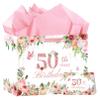 HSKMAKE Pink 50th Birthday Gift Bag, Large Happy 50th Birthday Gift Bag with Tissue Paper and Card for Women, 50 Year Old Bday Party Decorations Supplies view 1