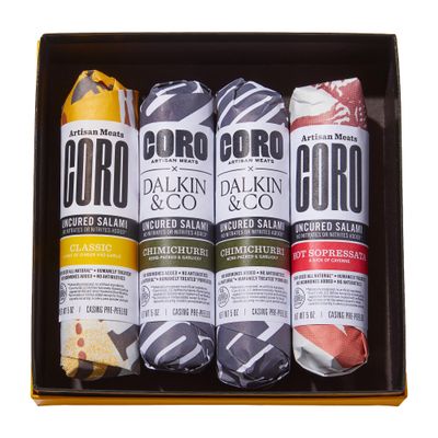 Coro x Dalkin&Co Holiday Salami Gift Box Uncured Salami Artisan Sticks (5oz Sticks) | 2 Chimichurri,1 Classic,1 Hot Soppressata | Gluten-Free, All Natural | Limited Edition Gourmet Charcuterie Gift