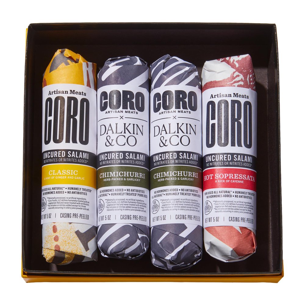 Coro x Dalkin&Co Holiday Salami Gift Box Uncured Salami Artisan Sticks (5oz Sticks) | 2 Chimichurri,1 Classic,1 Hot Soppressata | Gluten-Free, All Natural | Limited Edition Gourmet Charcuterie Gift