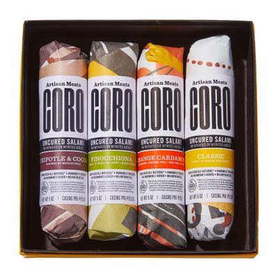 Coro Uncured Salami Gift Box 4 Artisan Salami Sticks (5oz Sticks) | Classic with Garlic & Ginger, Chipotle & Cocoa, Orange Cardamom, Finocchiona | All Natural, Gluten-Free | Gourmet Charcuterie Gift