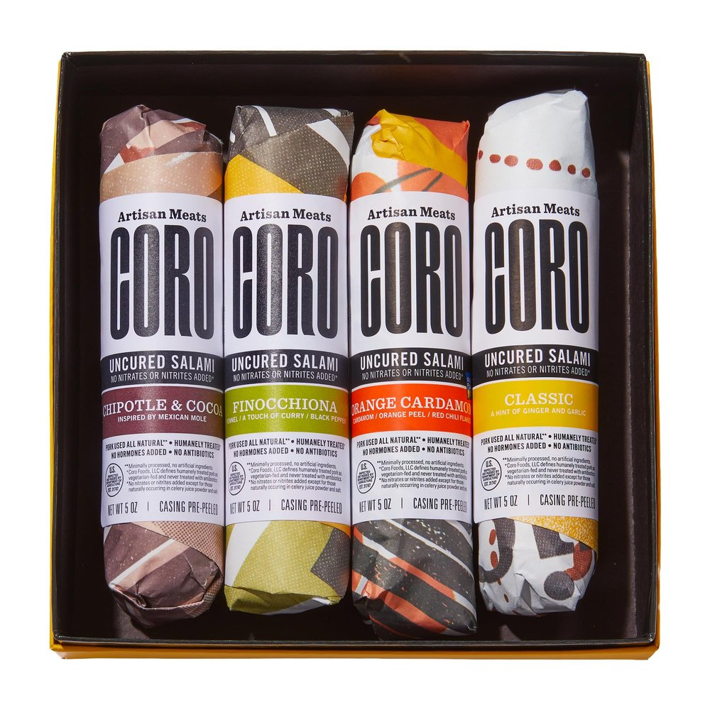 Coro Uncured Salami Gift Box 4 Artisan Salami Sticks (5oz Sticks) | Classic with Garlic & Ginger, Chipotle & Cocoa, Orange Cardamom, Finocchiona | All Natural, Gluten-Free | Gourmet Charcuterie Gift