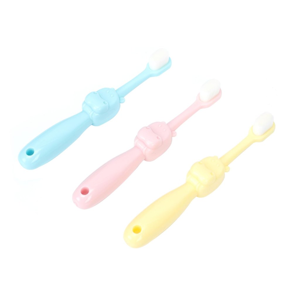 HAKIDZEL 3PCS Cartoon Hippo Toothbrush Set Soft Bristles Ergonomic Handle Comfortable Grip for Ages Pink Yellow Blue
