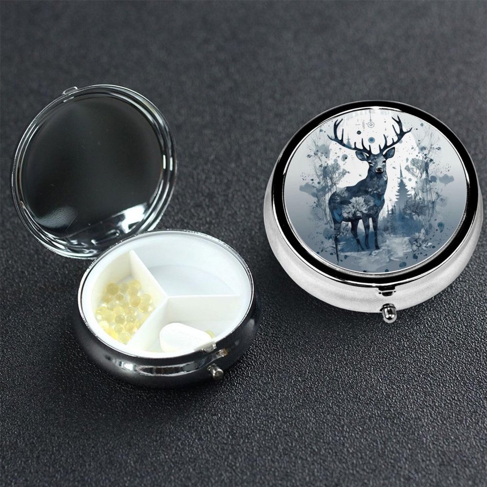 Pill Box 3 Compartment Metal Medicine Pill Organizer Bird standing on antlers Pill Case for Purse or Pocket Cute Mini Portable Pill Holder Travel Pill Container to Hold Supplements, Vitamins, Fish Oil