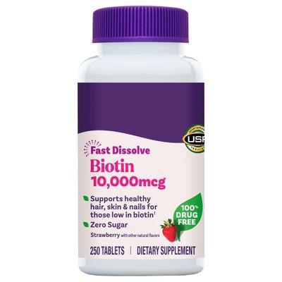 Biotin 10,000 mcg. Fast Dissolve Tablets, Supports Healthy Hair, Skin and Nails - 250 Tablets