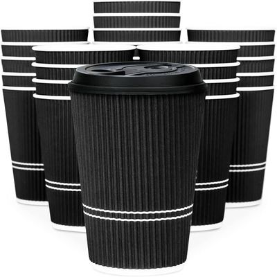 Glowcoast To Go Coffee Cups With Lids - 22 oz Disposable Coffee Cup With Lid. Large Togo Travel Paper Ripple Hot Cups Insulated For Hot, Cold Beverage Drinks, No Sleeves Needed (50, Black)