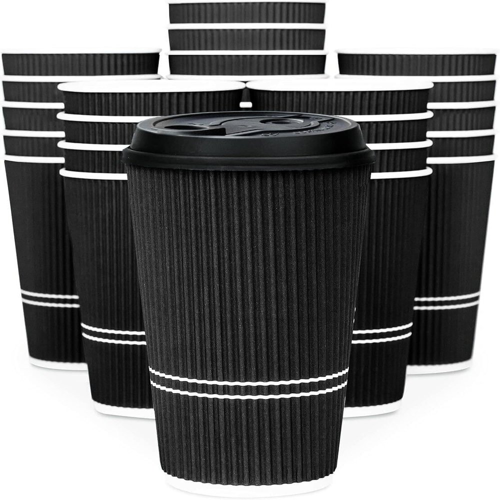 Glowcoast To Go Coffee Cups With Lids - 22 oz Disposable Coffee Cup With Lid. Large Togo Travel Paper Ripple Hot Cups Insulated For Hot, Cold Beverage Drinks, No Sleeves Needed (50, Black)