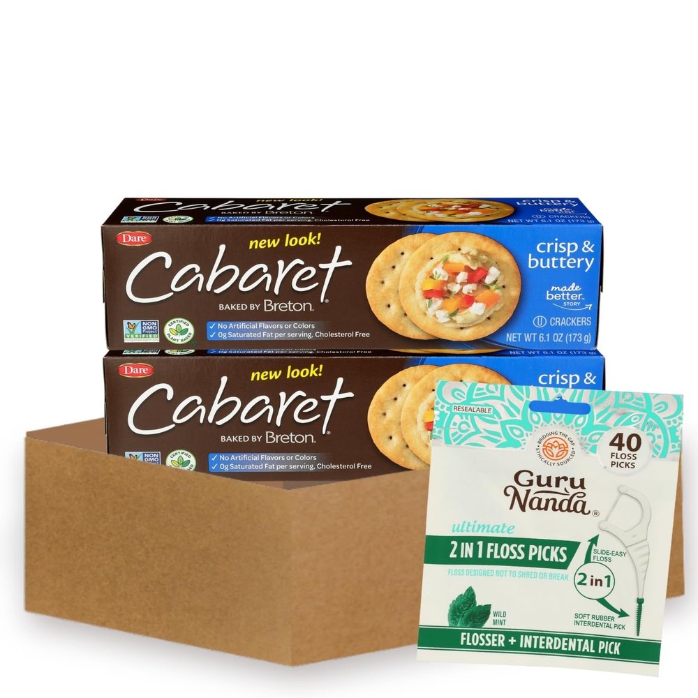 Butter Crackers 2x Dare Breton CabaretCrackers 6.1 OZ Bundle with Floss Picks Dental 40PC Crisp Buttery Crackers with Light Texture for Snacking, Cheese, and Spreads Gift Set (3 Items)