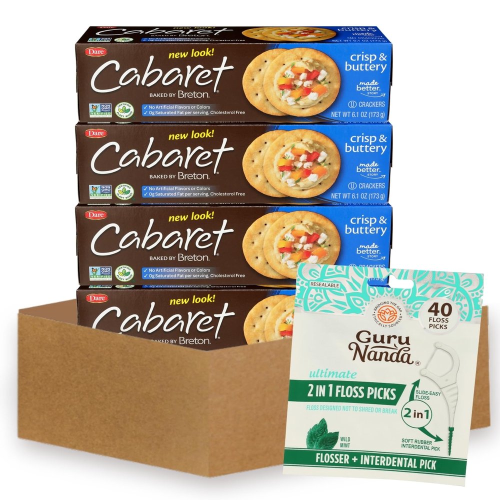 Butter Crackers 4x Dare Breton CabaretCrackers 6.1 OZ Bundle with Floss Picks Dental 40PC Crisp Buttery Crackers with Light Texture for Snacking, Cheese, and Spreads Gift Set (5 Items)