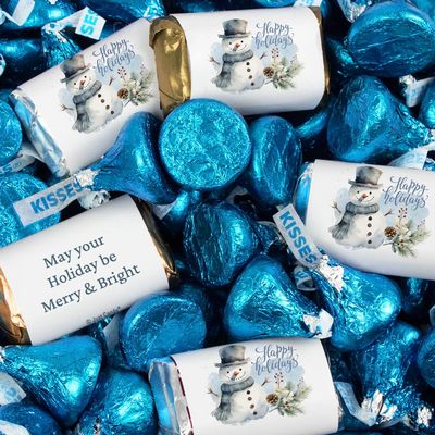 248 Pcs Happy Holidays Party Chocolate Candy Mix Assorted Miniatures & Blue Foiled Chocolate Kisses - Snowman (3.05lb)