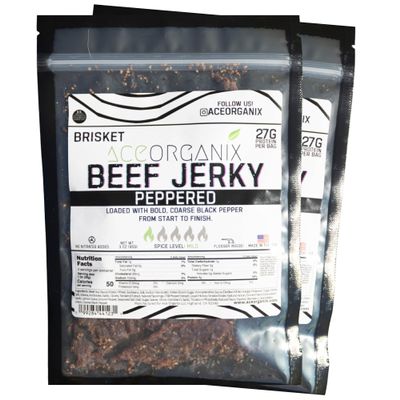 Ace Organix Brisket Beef Jerky Peppered Savory Jerky with Cracked Black Pepper Premium High Protein Snack Clean Ingredients, No Added Nitrates Made in USA (2 Pack)
