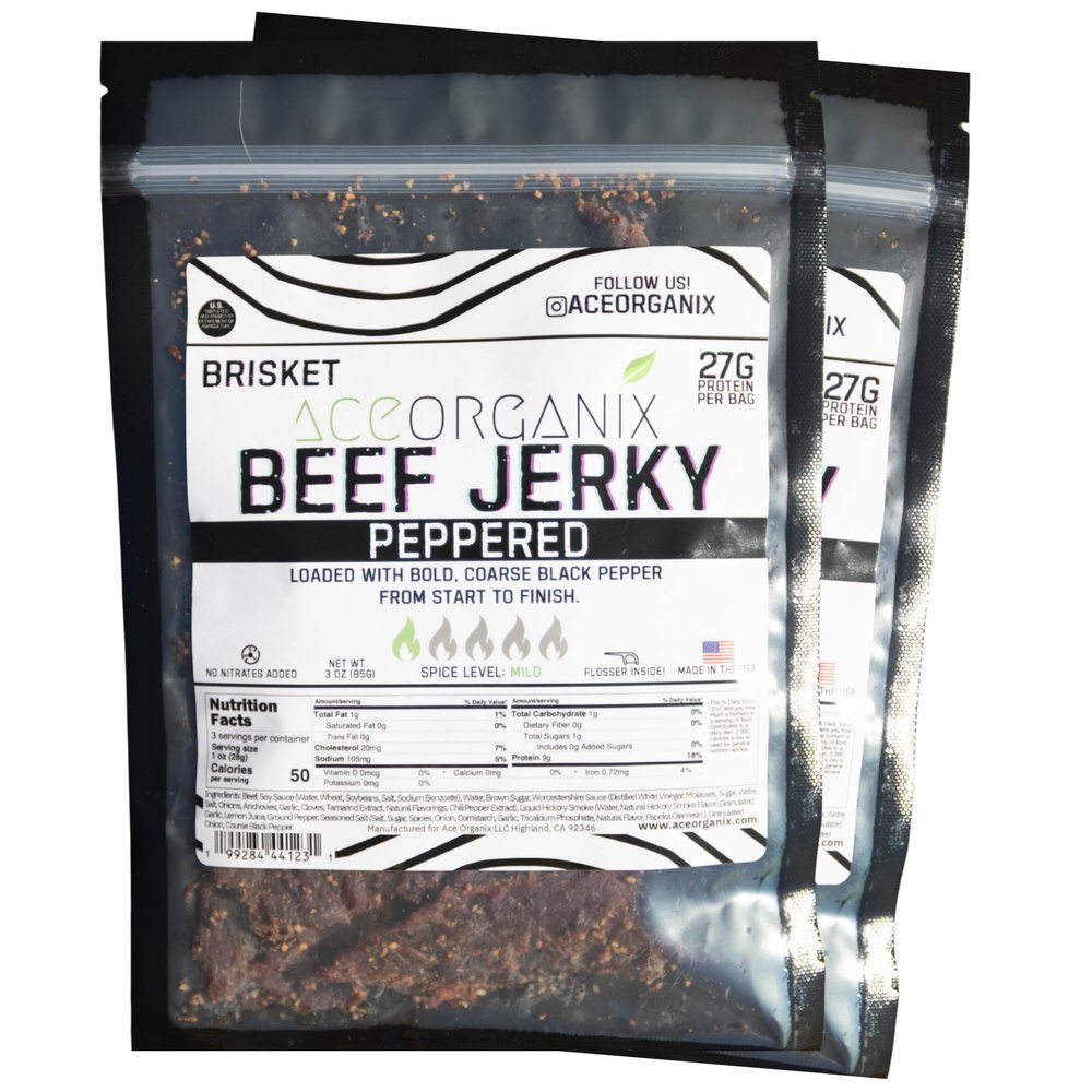 Ace Organix Brisket Beef Jerky Peppered Savory Jerky with Cracked Black Pepper Premium High Protein Snack Clean Ingredients, No Added Nitrates Made in USA (2 Pack)