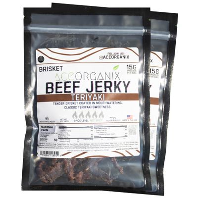 Ace Organix Brisket Beef Jerky Teriyaki Sweet Savory Classic Flavor Premium High Protein Snack Clean Ingredients, No Added Nitrates Made in USA (2 Pack)