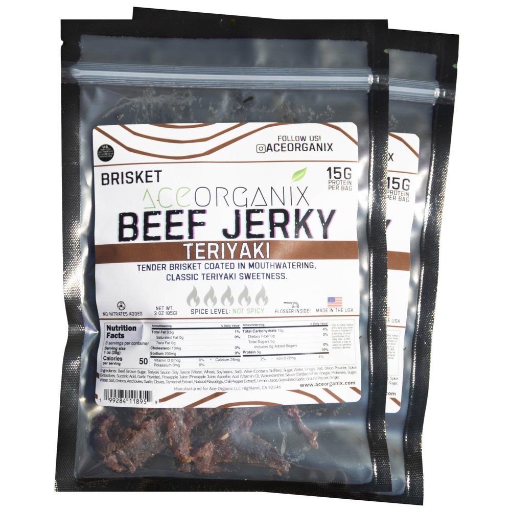 Ace Organix Brisket Beef Jerky Teriyaki Sweet Savory Classic Flavor Premium High Protein Snack Clean Ingredients, No Added Nitrates Made in USA (2 Pack)