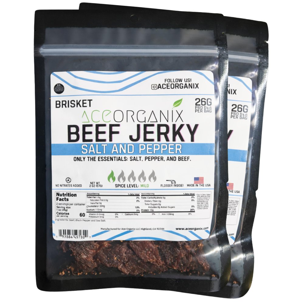 Ace Organix Brisket Beef Jerky Salt & Pepper Classic Dry Style Jerky Premium High Protein Snack Clean Ingredients, No Added Nitrates Made in USA (2 Pack)