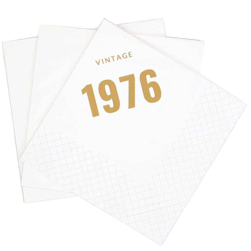 SharkBliss Vintage 1976 50th Birthday Cocktail Napkins, 100 Pack Gold Vintage 1976 Disposable Paper Beverage Cocktail Napkins for His Her Fifty 50th Birthday Party, 2-Ply, 5x5" (1976 Gold)