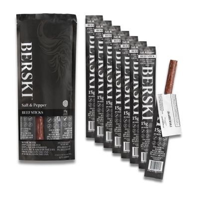 BERSKI Salt & Pepper Beef Sticks 100% Grass-Fed, Grass-Finished Ancestral Blend with Liver & Heart Keto, Paleo Regeneratively Raised USA Beef 8 Pack (1.9 oz Sticks)