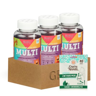 3X Suku Vitamins Kids Multivitamin Gummy 60 PC Bundle with Floss Picks Dental 40 PC Daily Nutrient Support Gummies with Essential Vitamins and Convenient Oral Care Gift Set (4 Items)