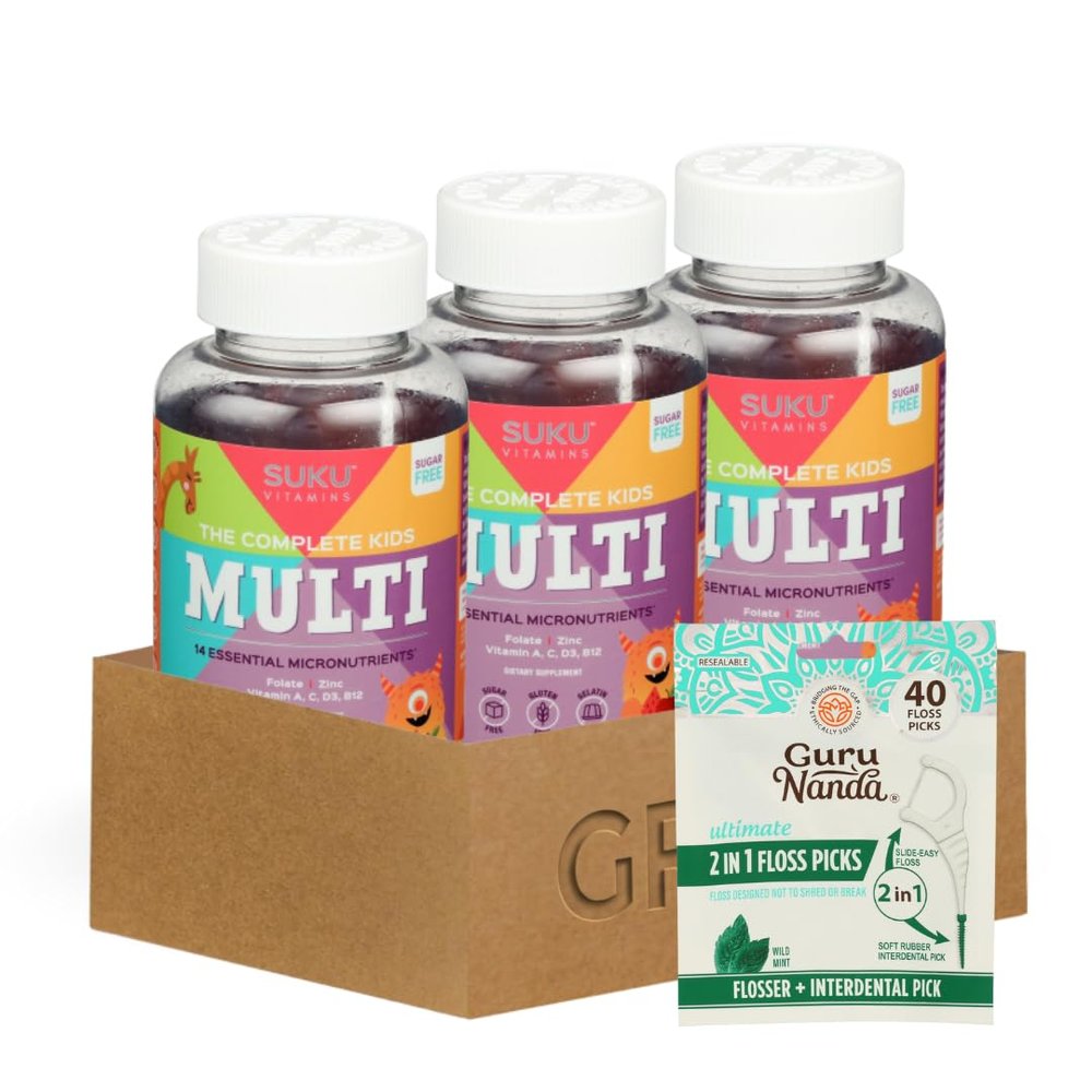 3X Suku Vitamins Kids Multivitamin Gummy 60 PC Bundle with Floss Picks Dental 40 PC Daily Nutrient Support Gummies with Essential Vitamins and Convenient Oral Care Gift Set (4 Items)