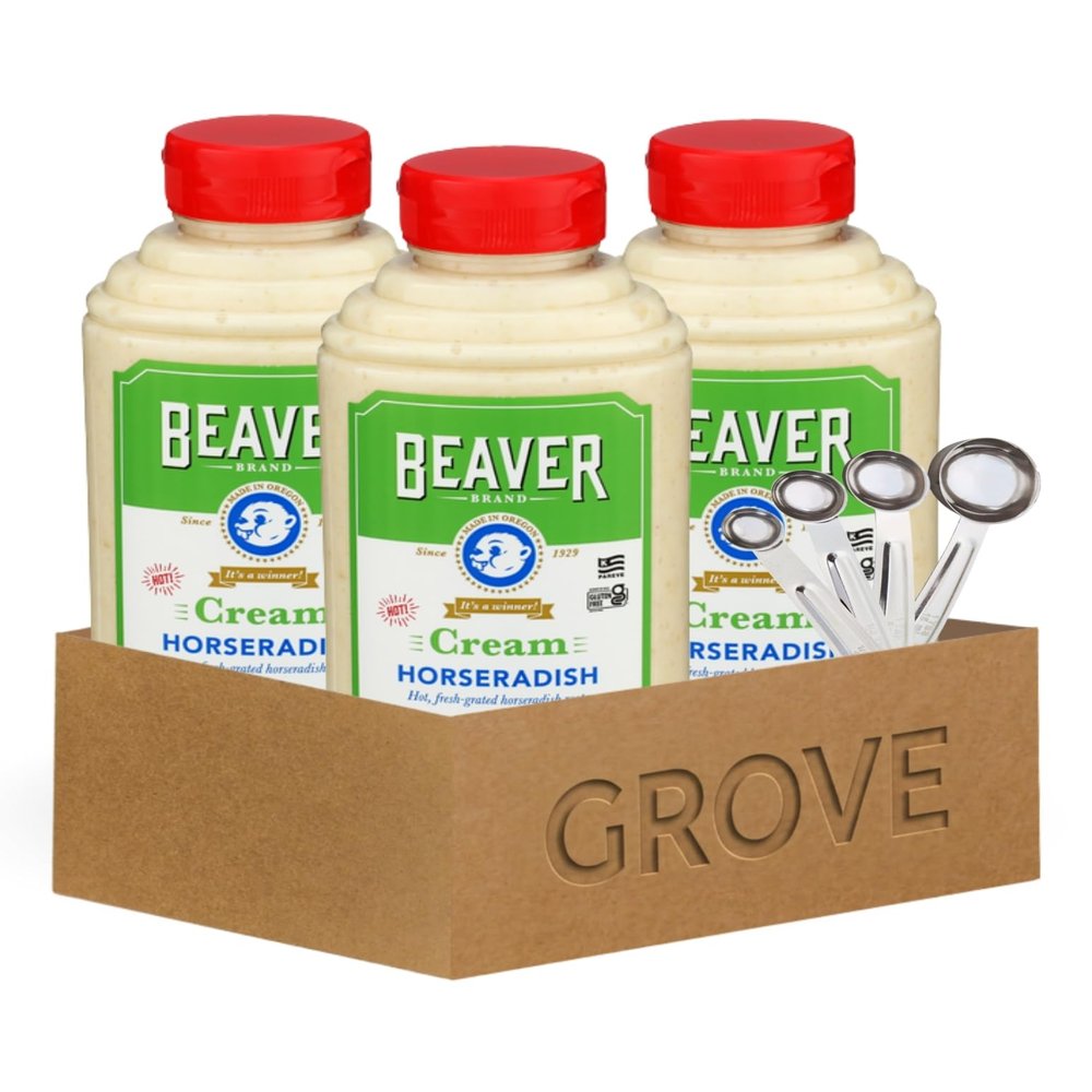 3x Horseradish Sqz Crm 12oz Bundle with Stainless Steel Silver Measuring Spoon Set Creamy Prepared -Sauce for Cooking, Condiments & Seasoning Gift Set (4 Items)