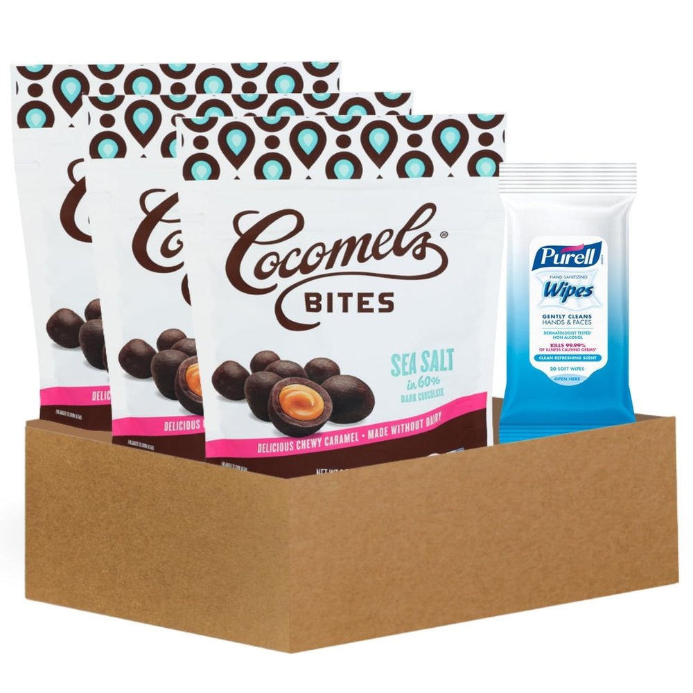 Carmels 3x Cocomels sea salt caramel chocolate, 3.5 OZ Bundle with Purell Fresh Scent Hand Sanitizing Wipes 20 Count Organic Dark Chocolate Coconut Milk Caramels and Handy Wipes Gift Set (2 Items)