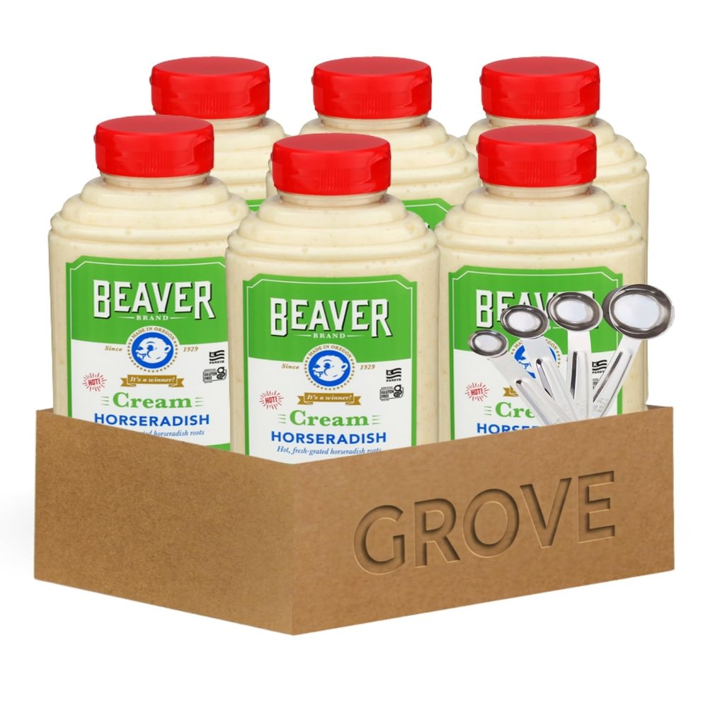 6x Horseradish Sqz Crm 12oz Bundle with Stainless Steel Silver Measuring Spoon Set Creamy Prepared -Sauce for Cooking, Seasoning & Condiments Gift Set (7 Items)