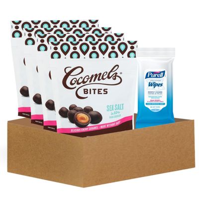 4x Caramels Sea Salt Bites 3.5OZ Bundle with Fresh Scent Hand Sanitizing Wipes Organic Dark Chocolate & Coconut Milk with Salted Caramels with Gift Set (5 Items)