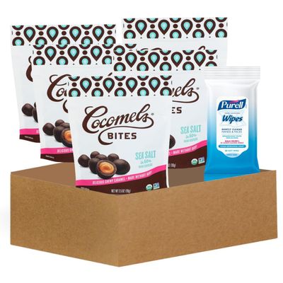 Salted Caramel 5x Caramels Sea Salt Bites 3.5OZ Bundle with Fresh Scent Hand Sanitizing Wipes Organic Dark Chocolate, Coconut Milk & Sea Salt Caramels with Cleaning Wipes Gift Set (6 Items)