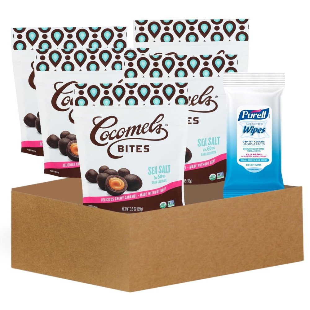 Salted Caramel 5x Caramels Sea Salt Bites 3.5OZ Bundle with Fresh Scent Hand Sanitizing Wipes Organic Dark Chocolate, Coconut Milk & Sea Salt Caramels with Cleaning Wipes Gift Set (6 Items)