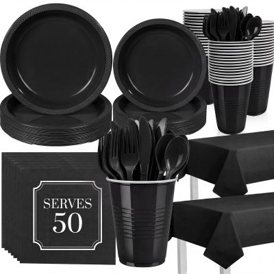 352 Pcs Black Plastic Plates Party Set, 50 Guests Disposable Dinnerware Set with Black Tablecloths, Elegant Black Plastic Plates Party Set for Wedding/Corporate Event/Formal Dinner/Gala