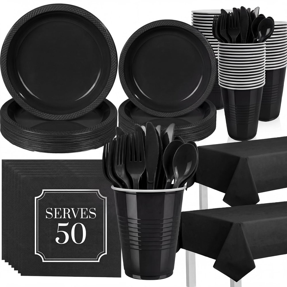 352 Pcs Black Plastic Plates Party Set, 50 Guests Disposable Dinnerware Set with Black Tablecloths, Elegant Black Plastic Plates Party Set for Wedding/Corporate Event/Formal Dinner/Gala
