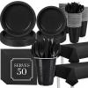 352 Pcs Black Plastic Plates Party Set, 50 Guests Disposable Dinnerware Set with Black Tablecloths, Elegant Black Plastic Plates Party Set for Wedding/Corporate Event/Formal Dinner/Gala view 1