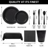 352 Pcs Black Plastic Plates Party Set, 50 Guests Disposable Dinnerware Set with Black Tablecloths, Elegant Black Plastic Plates Party Set for Wedding/Corporate Event/Formal Dinner/Gala view 2