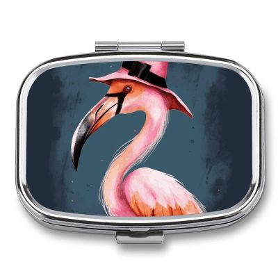 Flamingo Pill Box 2 Compartment Waterproof Pill Case with Mirror Portable for Purse Pocket Daily Medicine Vitamin Organizer Travel Med Container Holder for Fish Oil Supplements