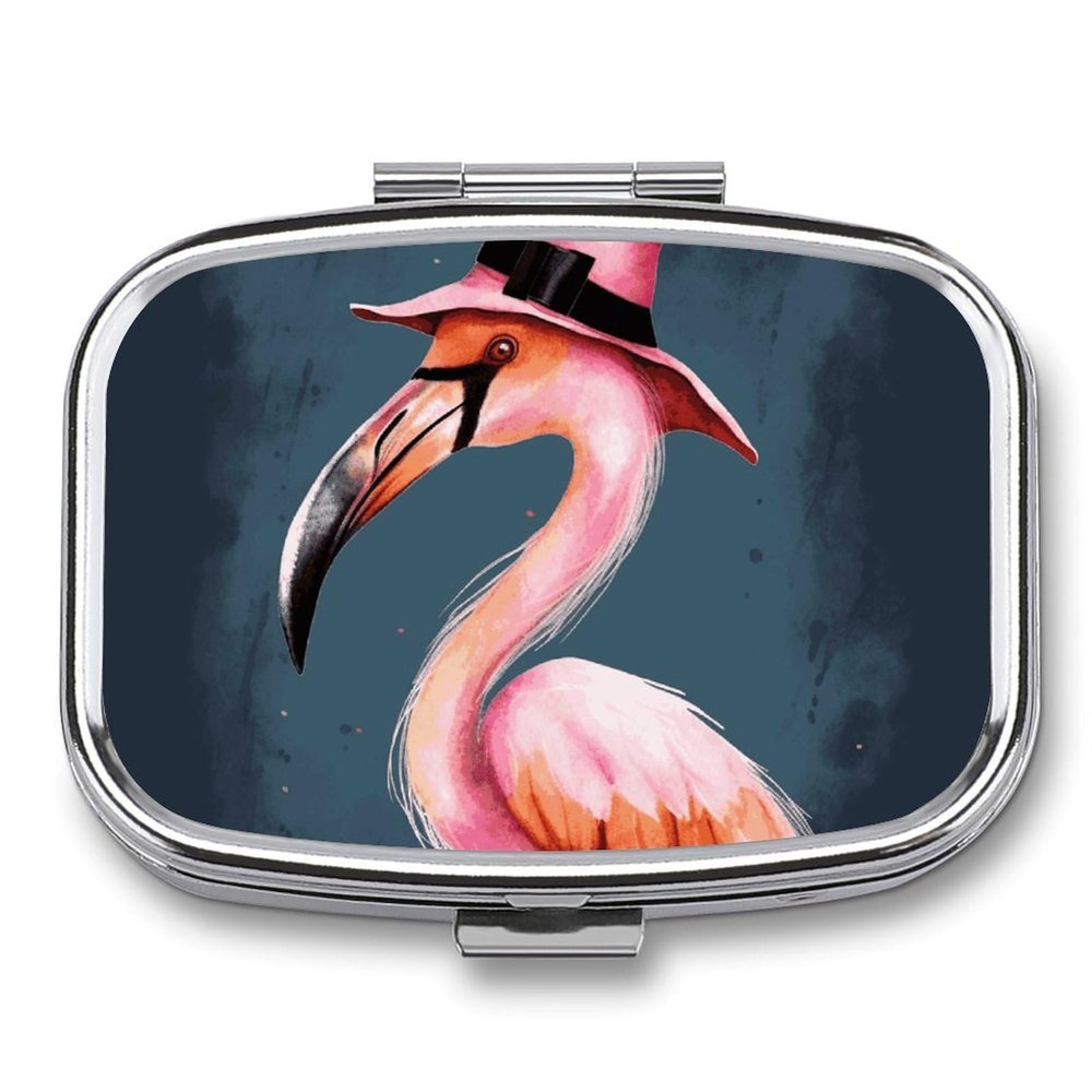 Flamingo Pill Box 2 Compartment Waterproof Pill Case with Mirror Portable for Purse Pocket Daily Medicine Vitamin Organizer Travel Med Container Holder for Fish Oil Supplements