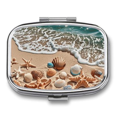 Beach Seashells Starfish Pill Box 2 Compartment Waterproof Pill Case with Mirror Portable for Purse Pocket Daily Medicine Vitamin Organizer Travel Med Container Holder for Fish Oil Supplements