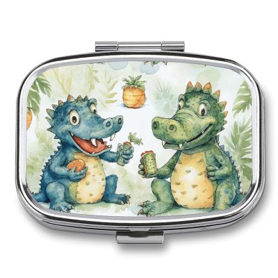 Crocodile Friends Pill Box 2 Compartment Waterproof Pill Case with Mirror Portable for Purse Pocket Daily Medicine Vitamin Organizer Travel Med Container Holder for Fish Oil Supplements