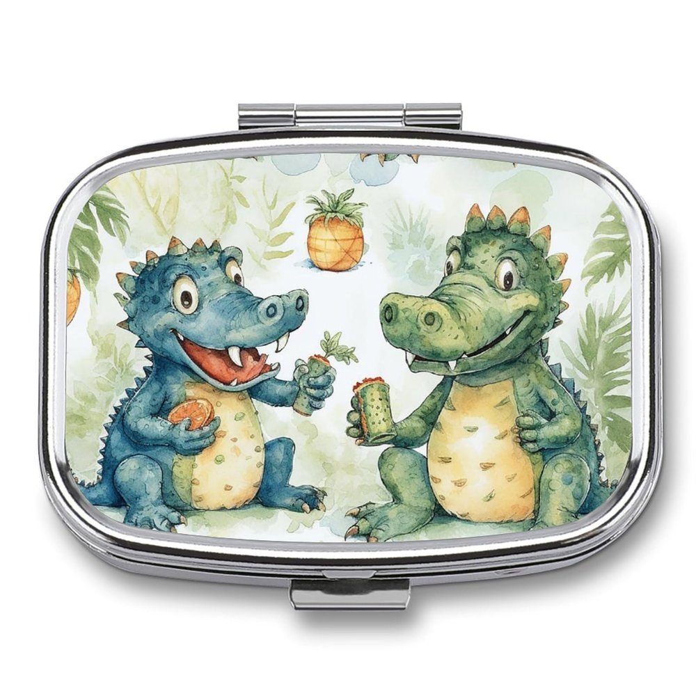 Crocodile Friends Pill Box 2 Compartment Waterproof Pill Case with Mirror Portable for Purse Pocket Daily Medicine Vitamin Organizer Travel Med Container Holder for Fish Oil Supplements
