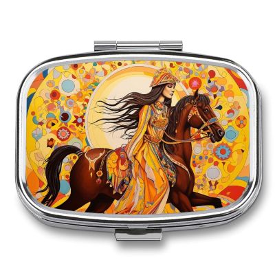 Woman Riding Horse Pill Box 2 Compartment Waterproof Pill Case with Mirror Portable for Purse Pocket Daily Medicine Vitamin Organizer Travel Med Container Holder for Fish Oil Supplements