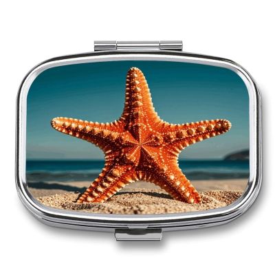 Starfish Pill Box 2 Compartment Waterproof Pill Case with Mirror Portable for Purse Pocket Daily Medicine Vitamin Organizer Travel Med Container Holder for Fish Oil Supplements