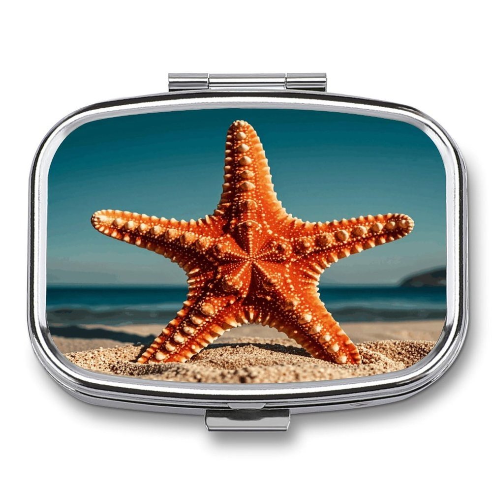 Starfish Pill Box 2 Compartment Waterproof Pill Case with Mirror Portable for Purse Pocket Daily Medicine Vitamin Organizer Travel Med Container Holder for Fish Oil Supplements