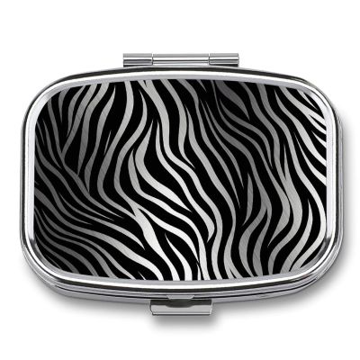 Zebra Print Metal Pill Organizer, 2 Compartment Waterproof Pill Case with Mirror for Purse Pocket Bag, Daily Medicine Vitamin Holder, Portable Travel Med Container(Square)