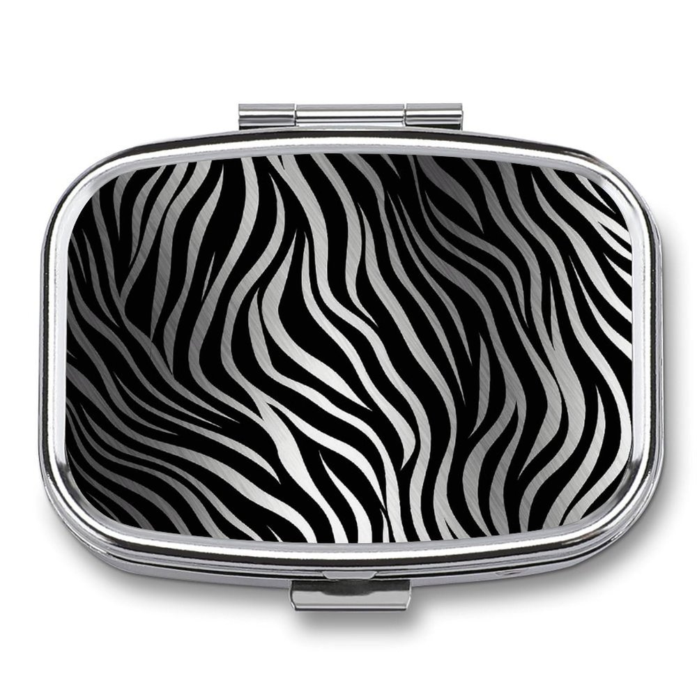 Zebra Print Metal Pill Organizer, 2 Compartment Waterproof Pill Case with Mirror for Purse Pocket Bag, Daily Medicine Vitamin Holder, Portable Travel Med Container(Square)