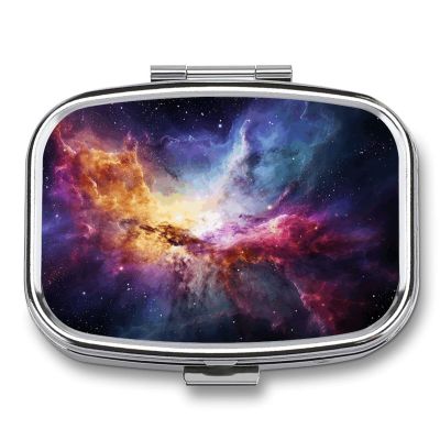 Nebula and Galaxy Pill Box 2 Compartment Waterproof Pill Case with Mirror Portable for Purse Pocket Daily Medicine Vitamin Organizer Travel Med Container Holder for Fish Oil Supplements