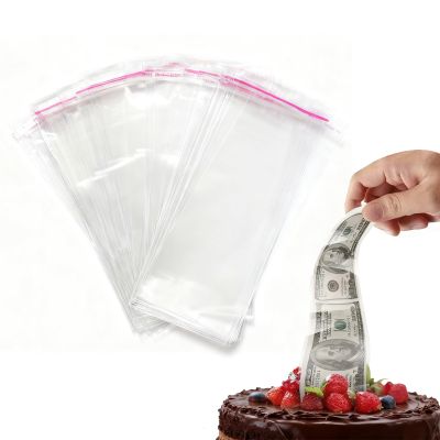 AOODOOM 100pcs Cake Money Box Transparent Bag, 3.2x7.9In Resealable Cellophane Adhesive Self-Sealing Clear Plastic Packing Bag for Birthday Wedding Party Decoration