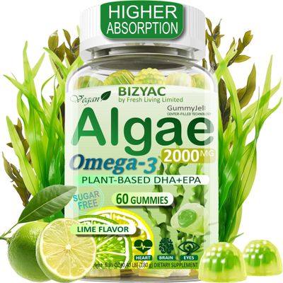 Algae Gummies, Omega 3 Gummies 2200mg from Algae Oil | DHA 640mg & EPA 290mg| Vegan | for Women & Men | CoQ10 | Astaxanthin | Vitamin A, E, D3 for Brain, Eye, Antioxidant, Sugar Free, 1Pack
