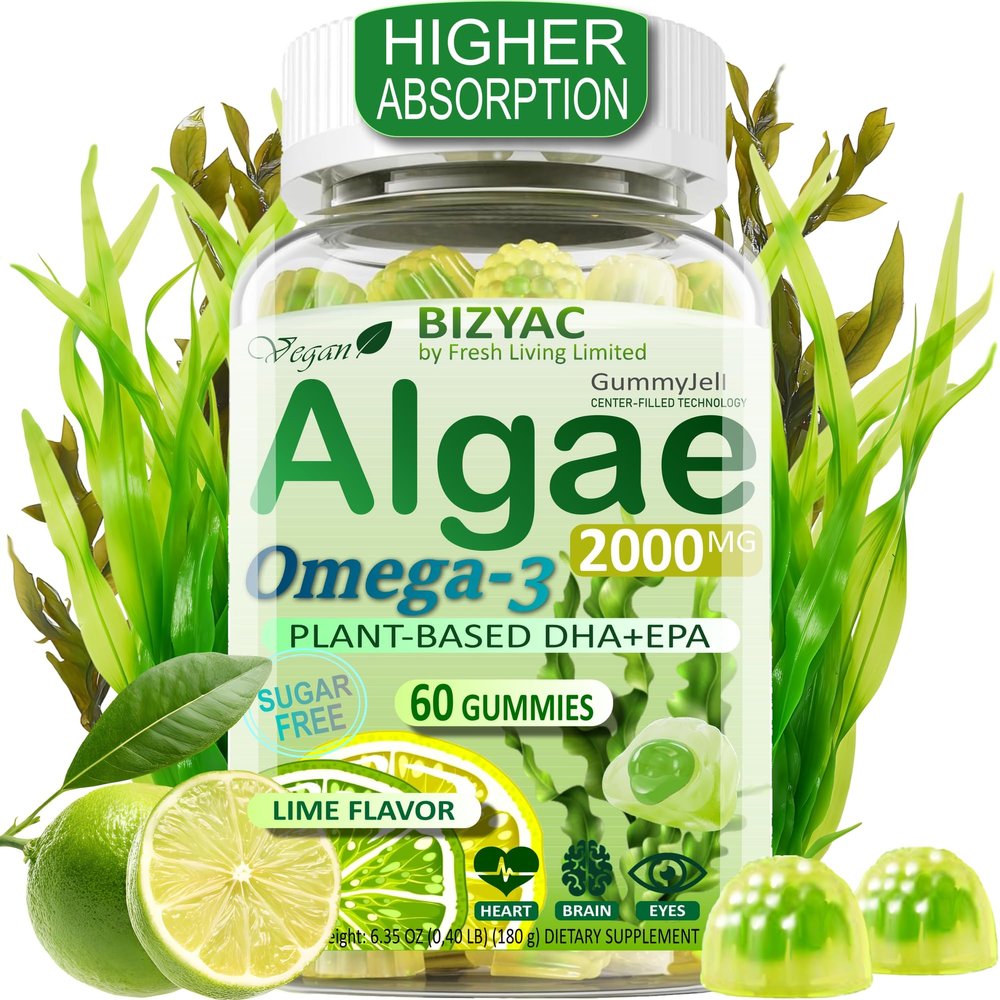 Algae Gummies, Omega 3 Gummies 2200mg from Algae Oil | DHA 640mg & EPA 290mg| Vegan | for Women & Men | CoQ10 | Astaxanthin | Vitamin A, E, D3 for Brain, Eye, Antioxidant, Sugar Free, 1Pack