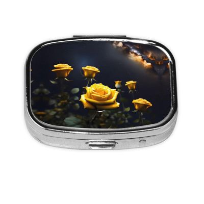 Beautiful Yellow Roses Patterned Square mini Pill Box, can be Put into Wallet or Pocket Travel Pill Box, Store Various Small Items