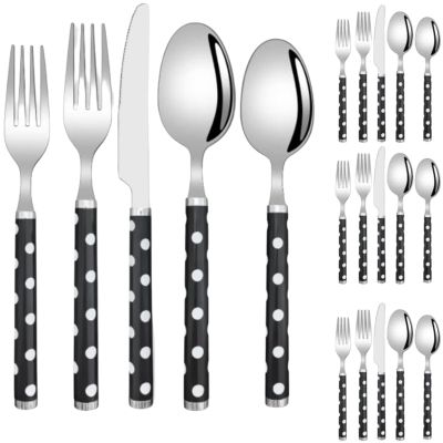 20 Pcs Silverware Set, Long Handle Thickened Design, Black White Polka Dot Pattern, 18/10 Stainless Steel Flatware For 4 People(Black)